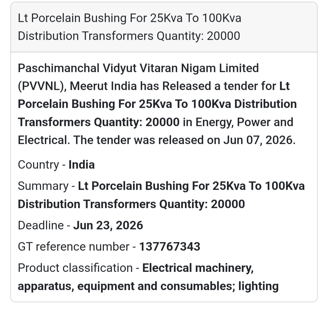 📍 Meerut, Uttar Pradesh | LT Porcelain Bushings for Distribution Transformers⚡ Tender Alert – PVVNL