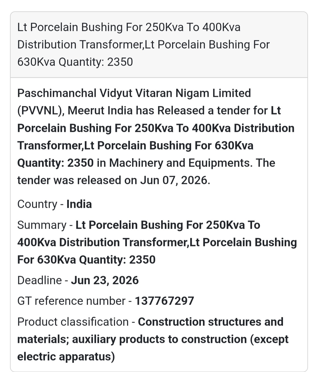 📍 Meerut, Uttar Pradesh | LT Porcelain Bushings ⚡ Tender Alert – PVVNL