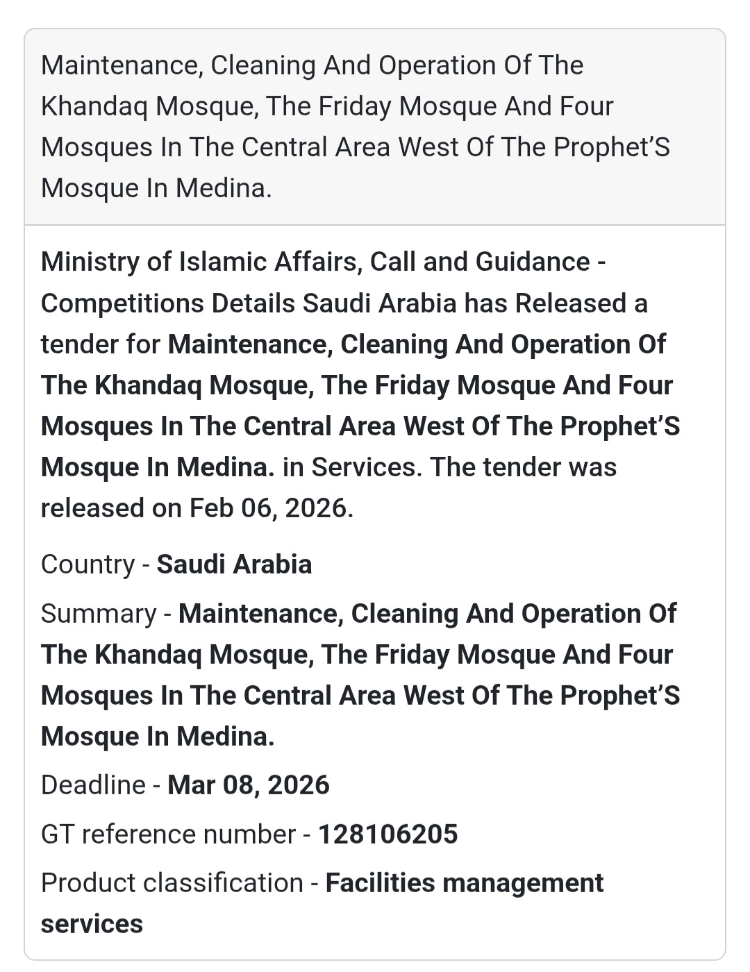 🕌 Mosque Maintenance & Cleaning Tender – Madinah