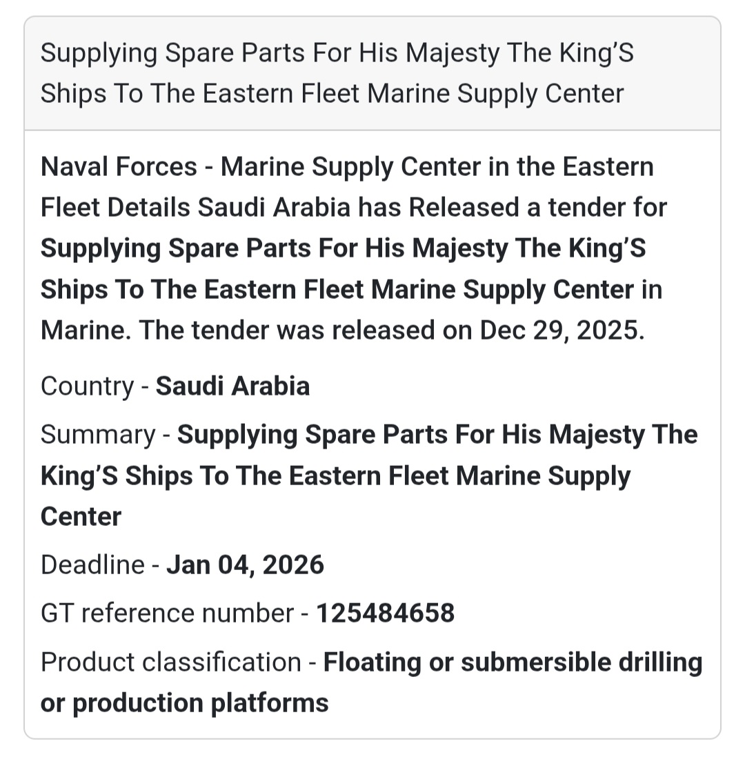 📢 Naval Spare Parts Tender – Saudi Arabia 🇸🇦