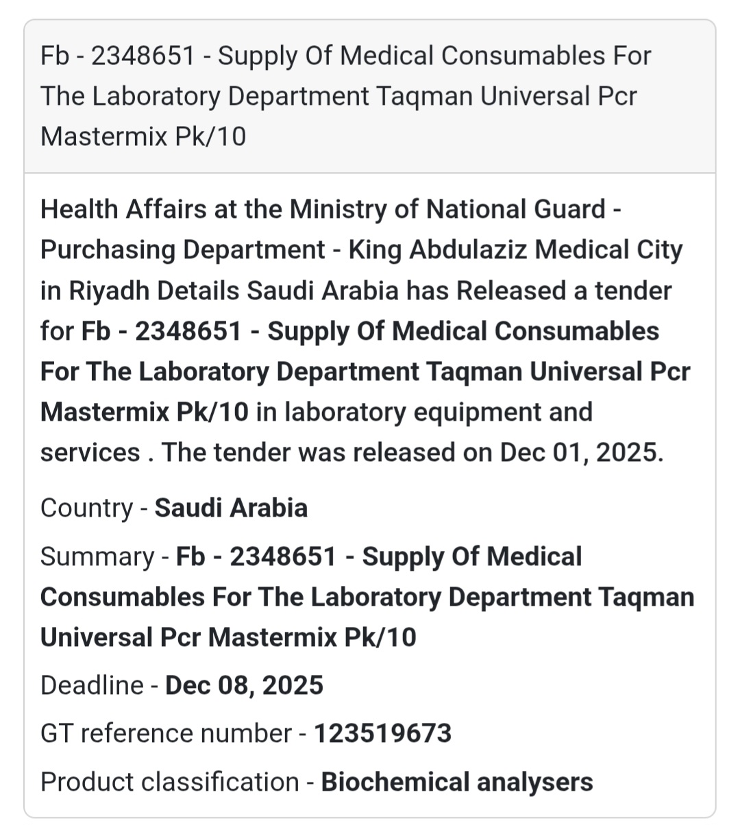 🧬 New Laboratory Supply Tender – Saudi Arabia 🇸🇦