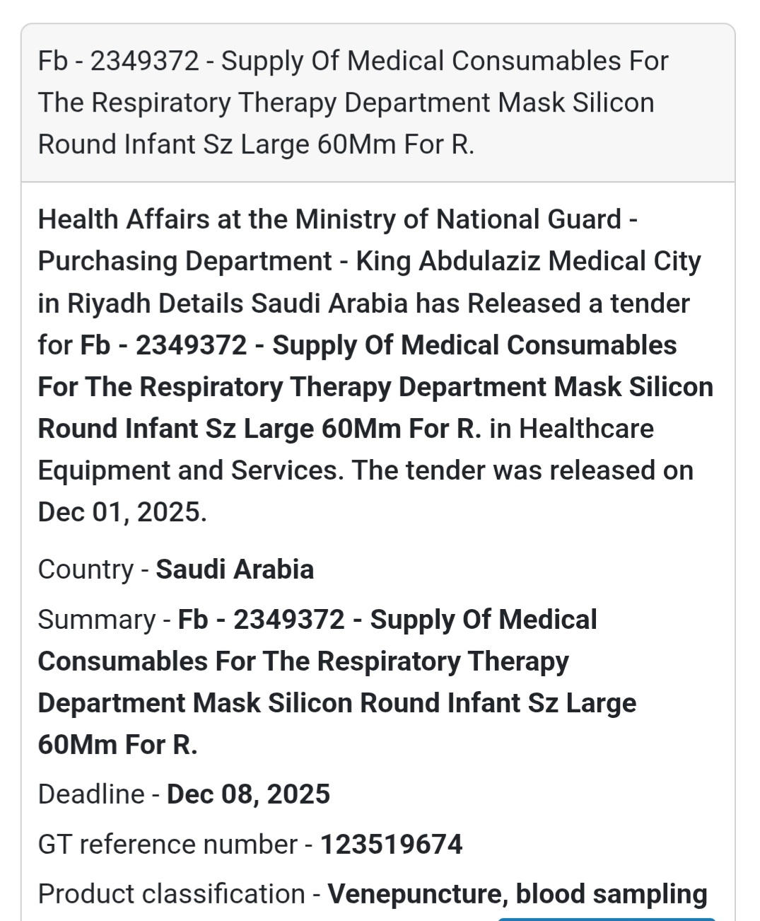 🩺 New Medical Consumables Tender – Saudi Arabia 🇸🇦