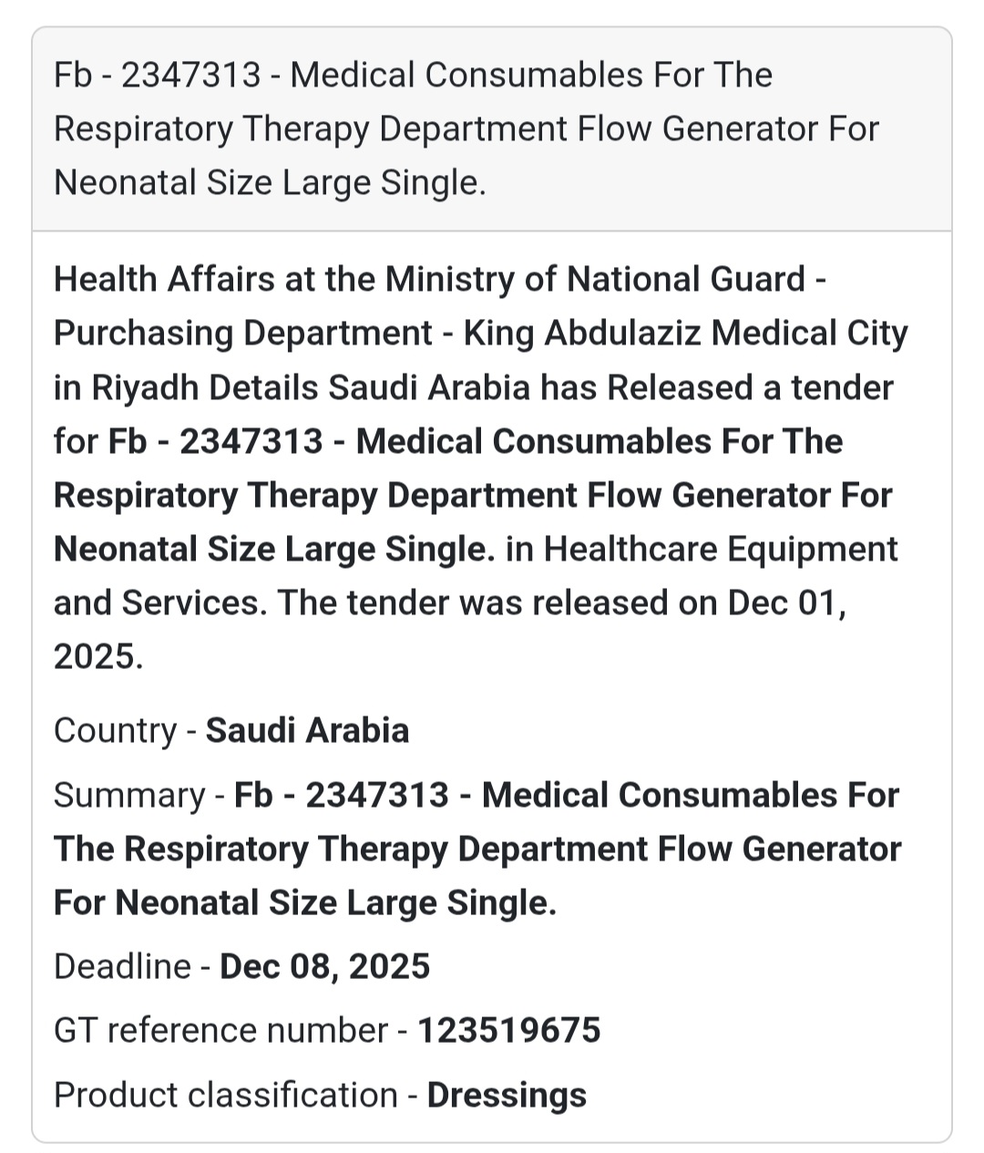 🌬️ New Medical Consumables Tender – Saudi Arabia 🇸🇦