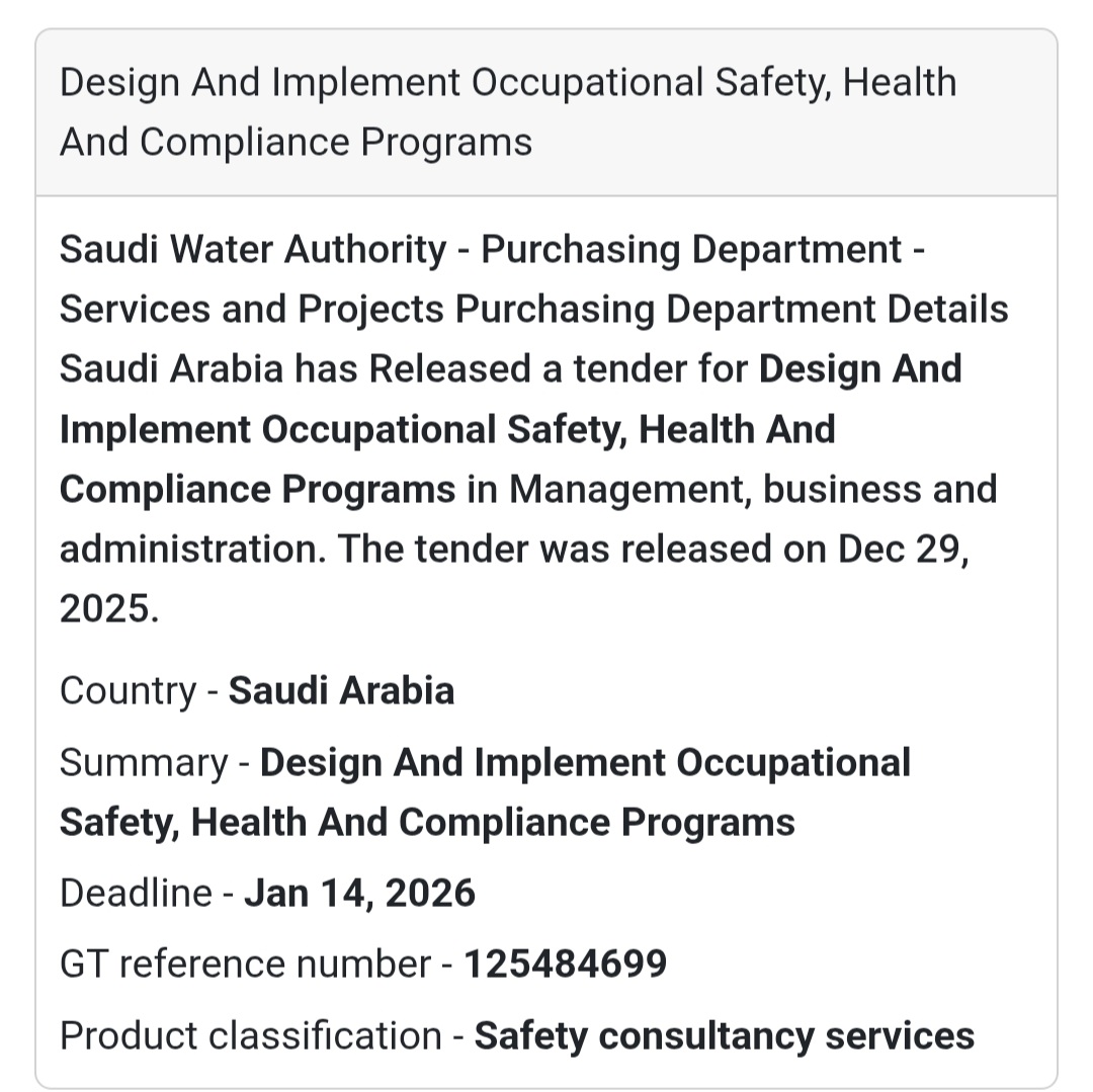 New Tender Alert: Occupational Safety & Health Programs in Saudi Arabia
