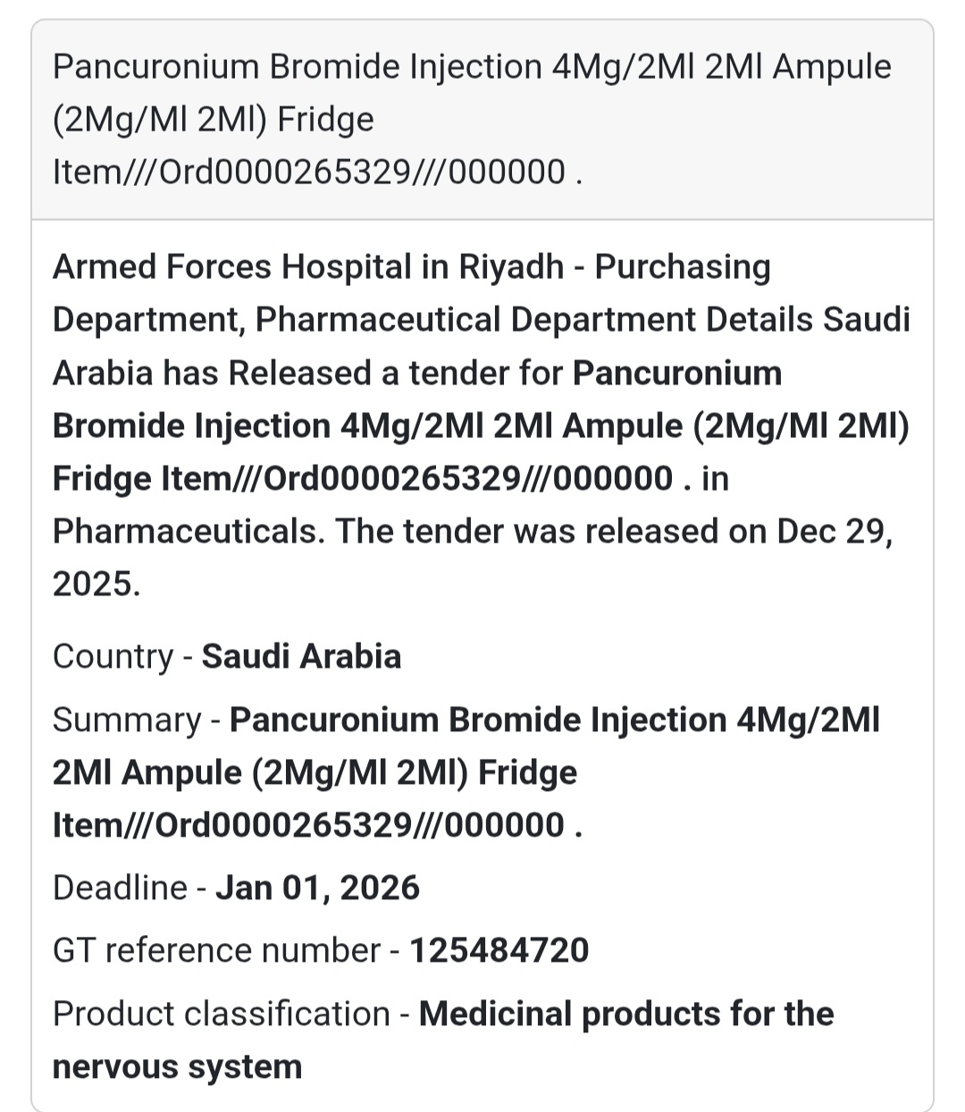 New Tender Alert: Pancuronium Bromide Injection Supply in Saudi Arabia