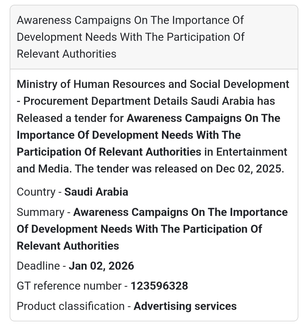 📢 New Tender Alert – Saudi Arabia