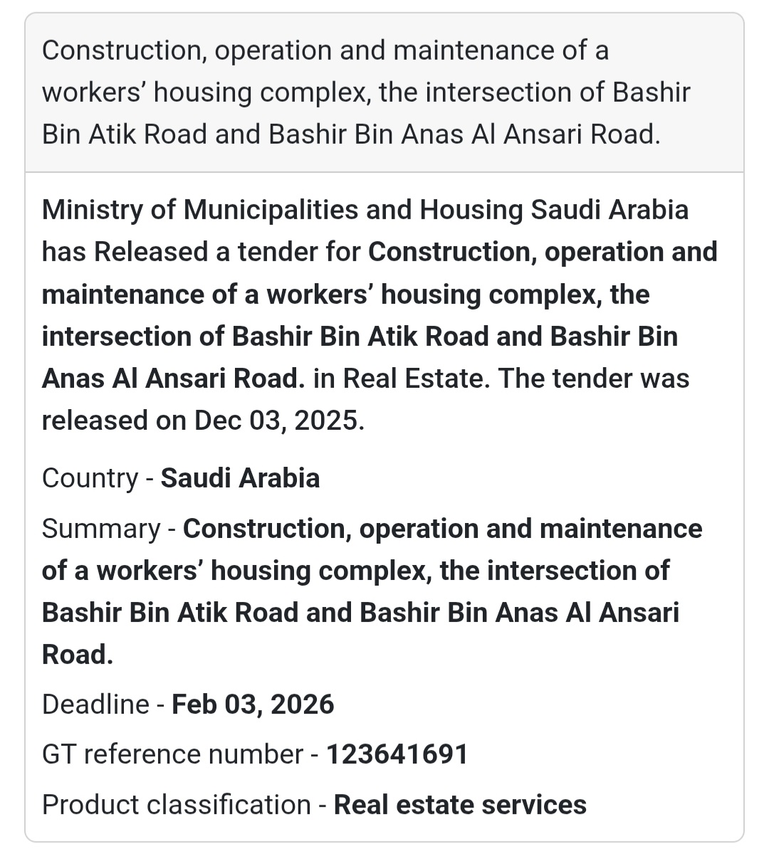 📢 New Tender Alert – Saudi Arabia