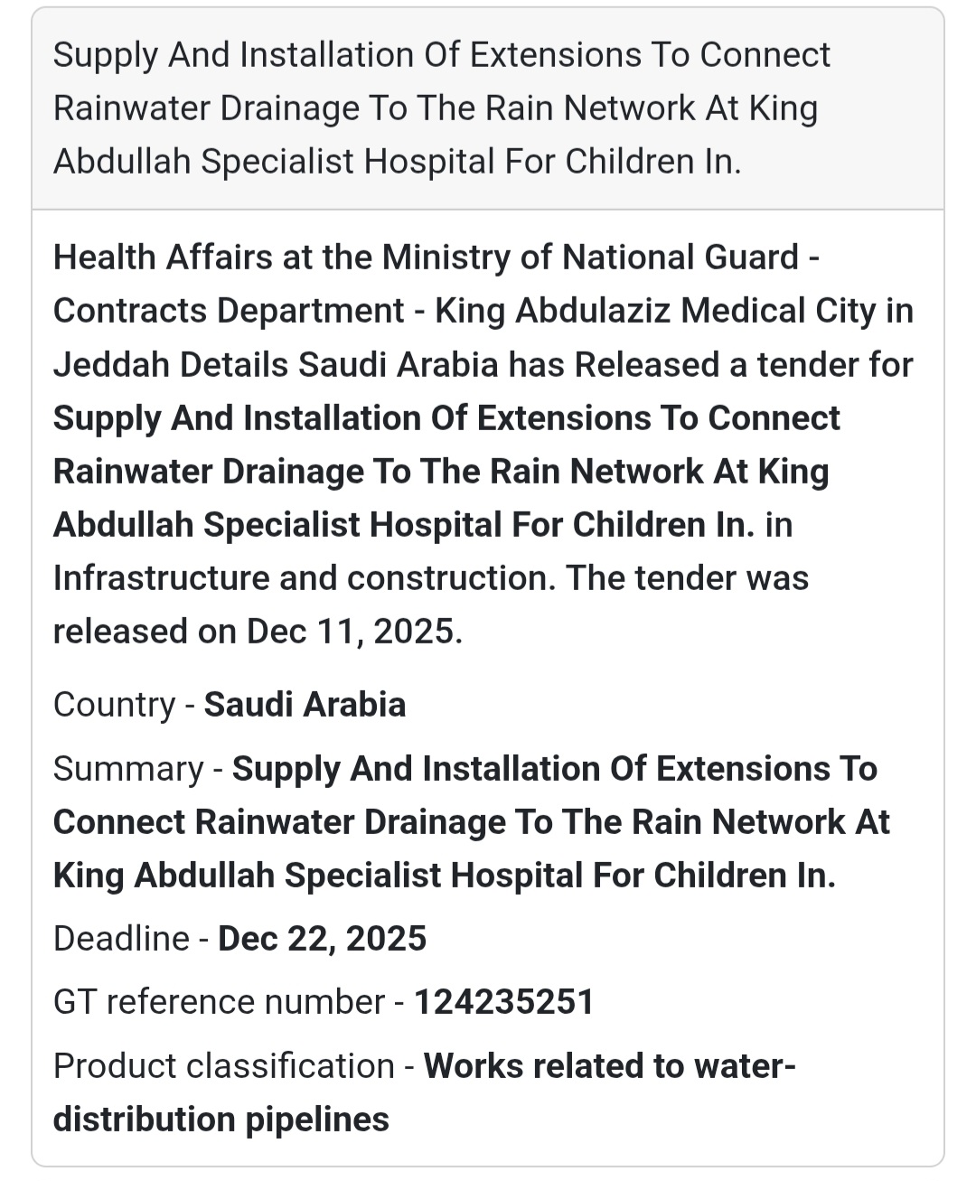 📢 New Tender Alert – Saudi Arabia