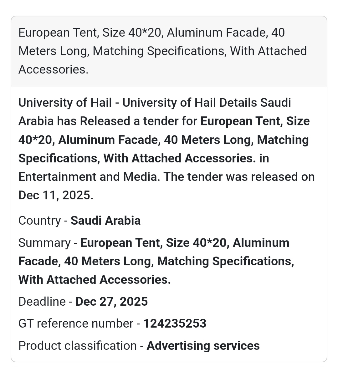 📢 New Tender Alert – Saudi Arabia