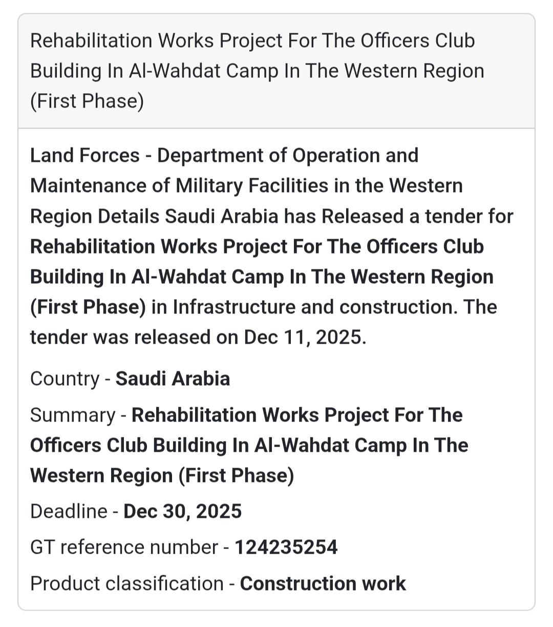 📢 New Tender Alert – Saudi Arabia