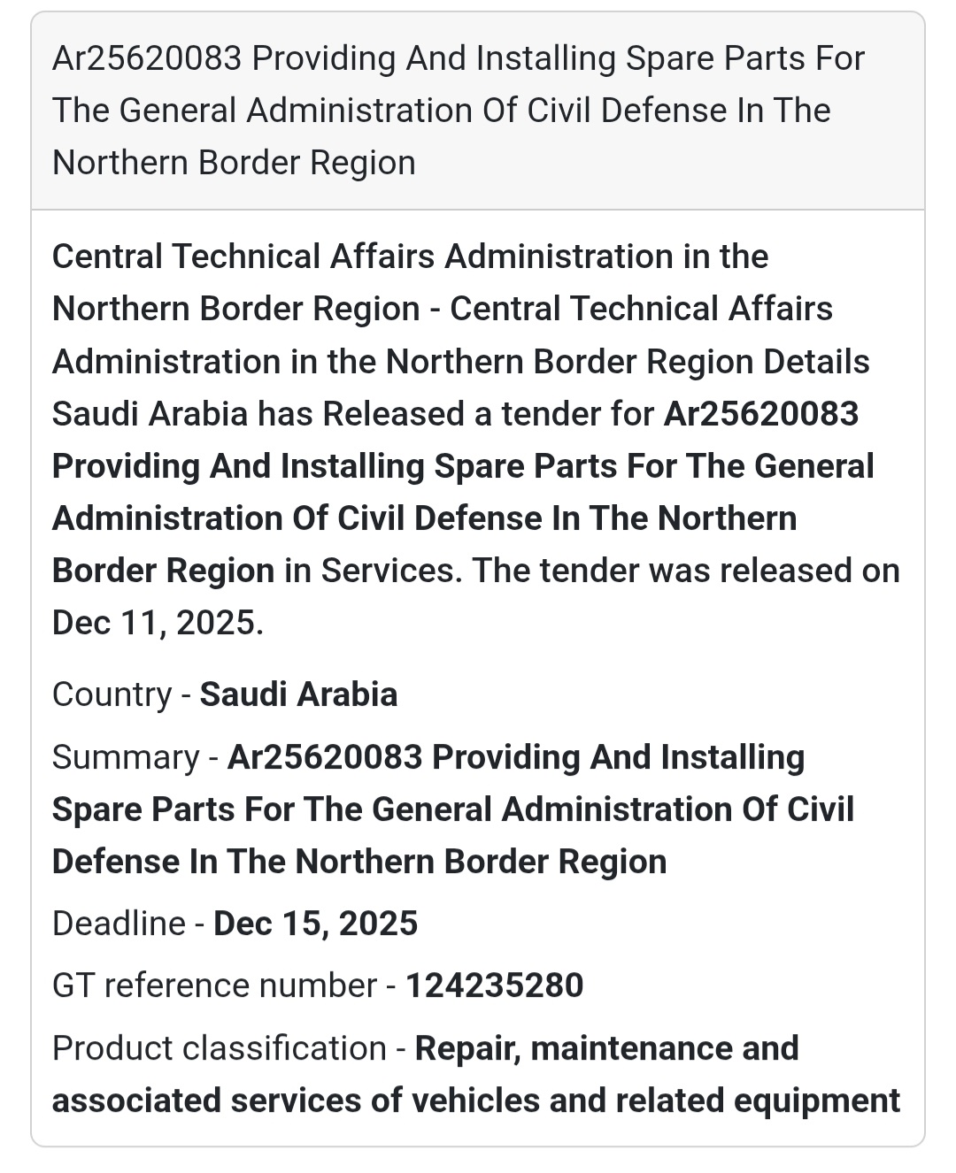 🔧 Civil Defense Maintenance Tender – Saudi Arabia 🇸🇦