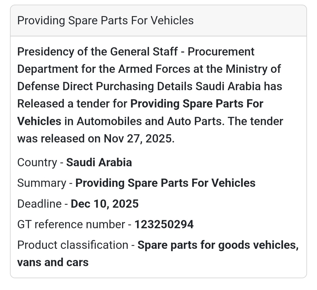 🚗 New Tender Alert – Spare Parts Supply in Saudi Arabia 🇸🇦