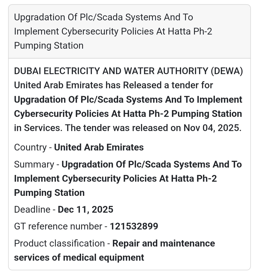 🔔 New Tender Release – DEWA | Cybersecurity & SCADA Upgrade