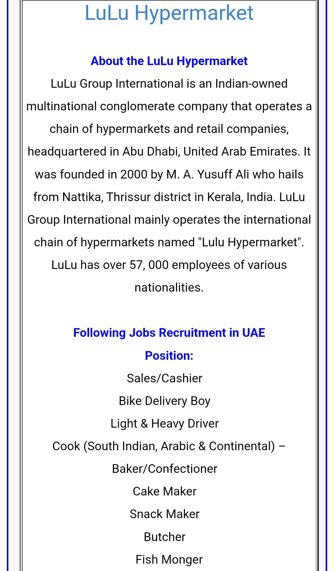 📢 NOW HIRING – LuLu Hypermarket UAE! 🇦🇪💼