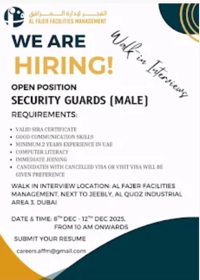🚨 Now Hiring: Security Guards (Male) – Dubai | Walk-In Interviews