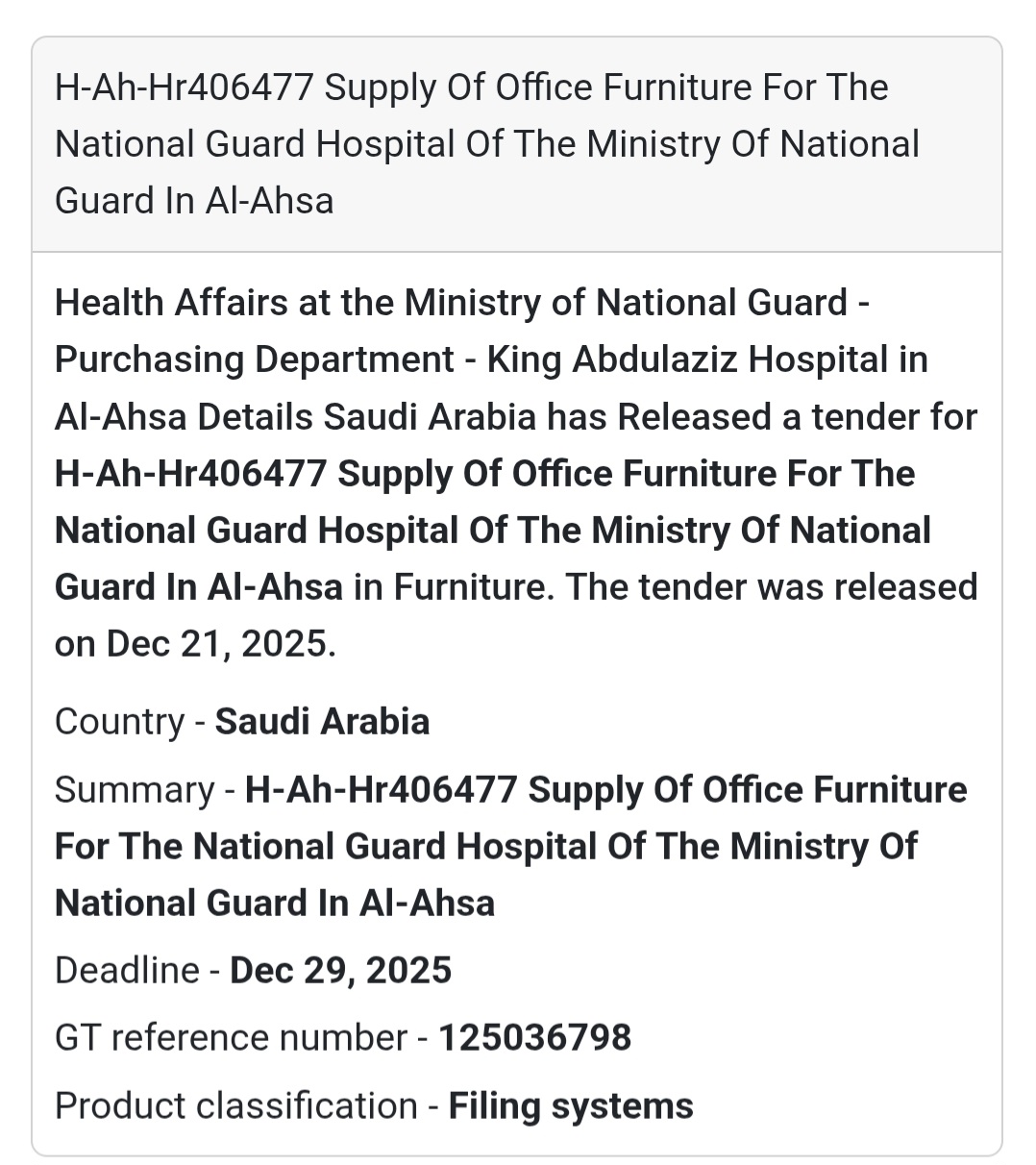 🪑 Office Furniture Tender – Saudi Arabia