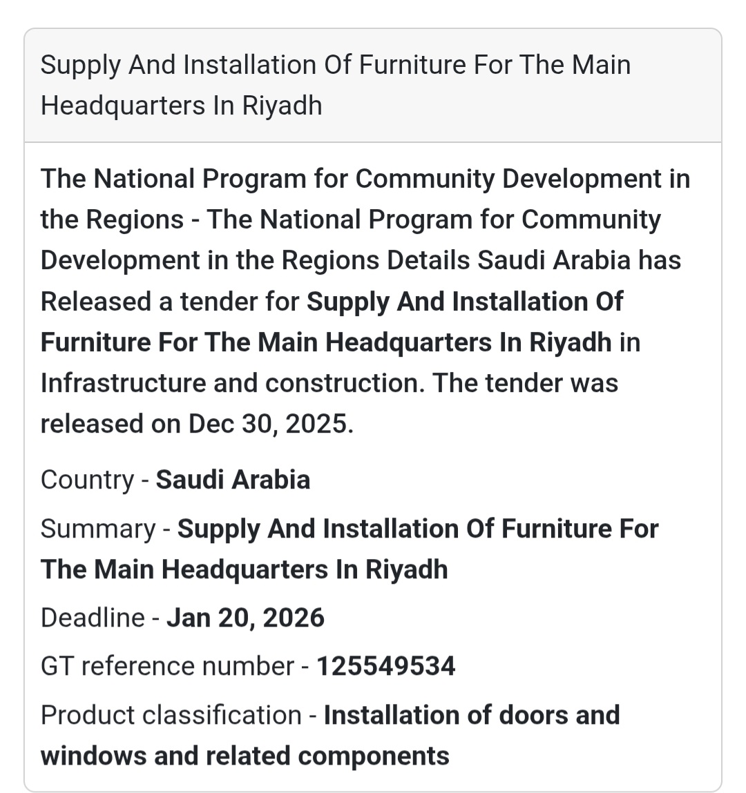 🏢 Office Furniture Tender – Saudi Arabia