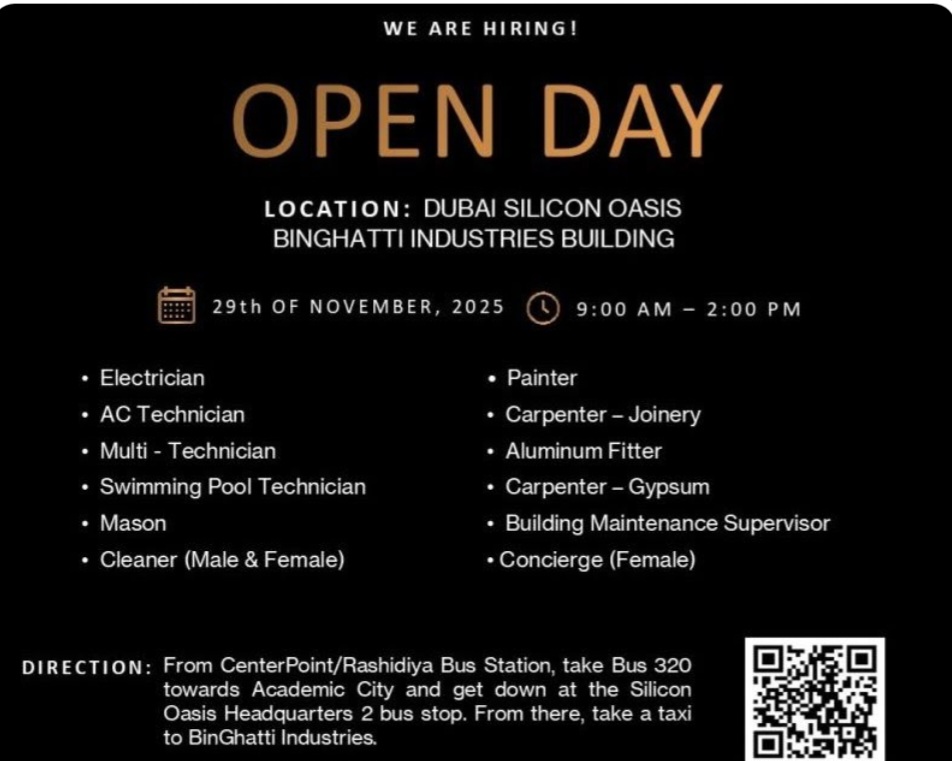 🚀 Open Day Hiring at Binghatti & Masaken – Dubai Silicon Oasis! 🇦🇪