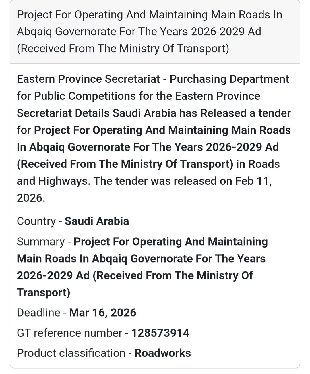 🛣️ Operating & Maintaining Main Roads – Abqaiq (2026–2029)