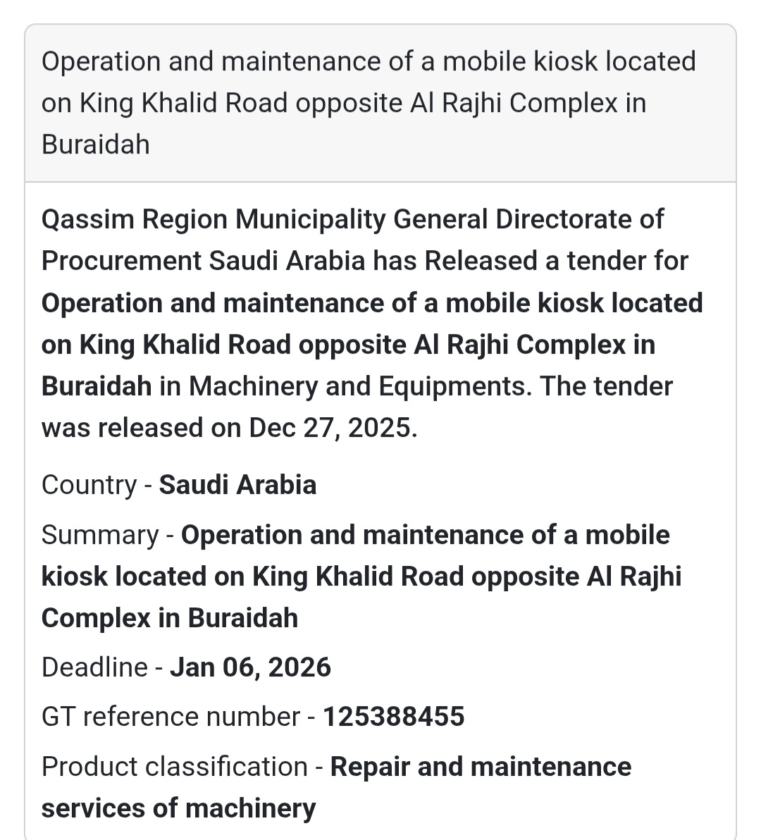 🛠️ Operation & Maintenance Tender | Buraidah 🇸🇦