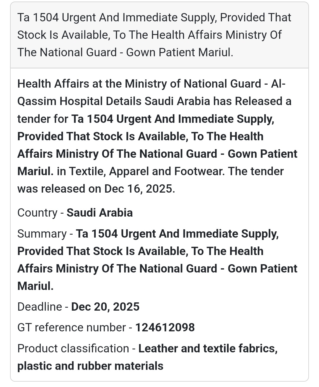 🔔 Patient Clothing Tender | Saudi Arabia 🇸🇦