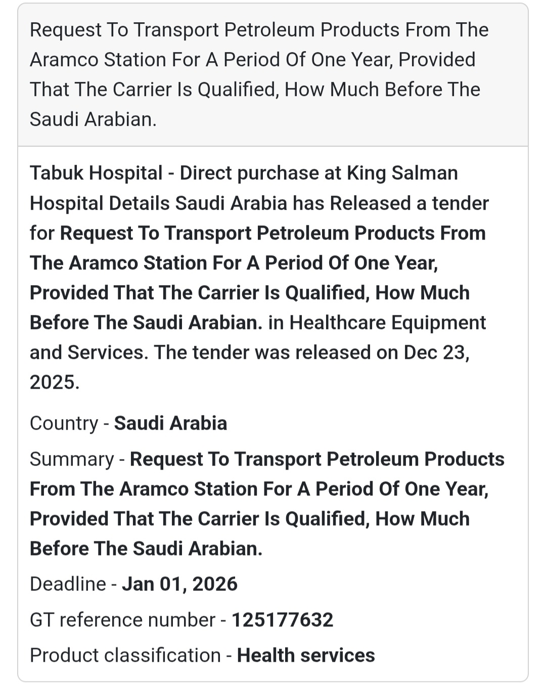 🚛 Petroleum Transport Tender – Saudi Arabia 🇸🇦