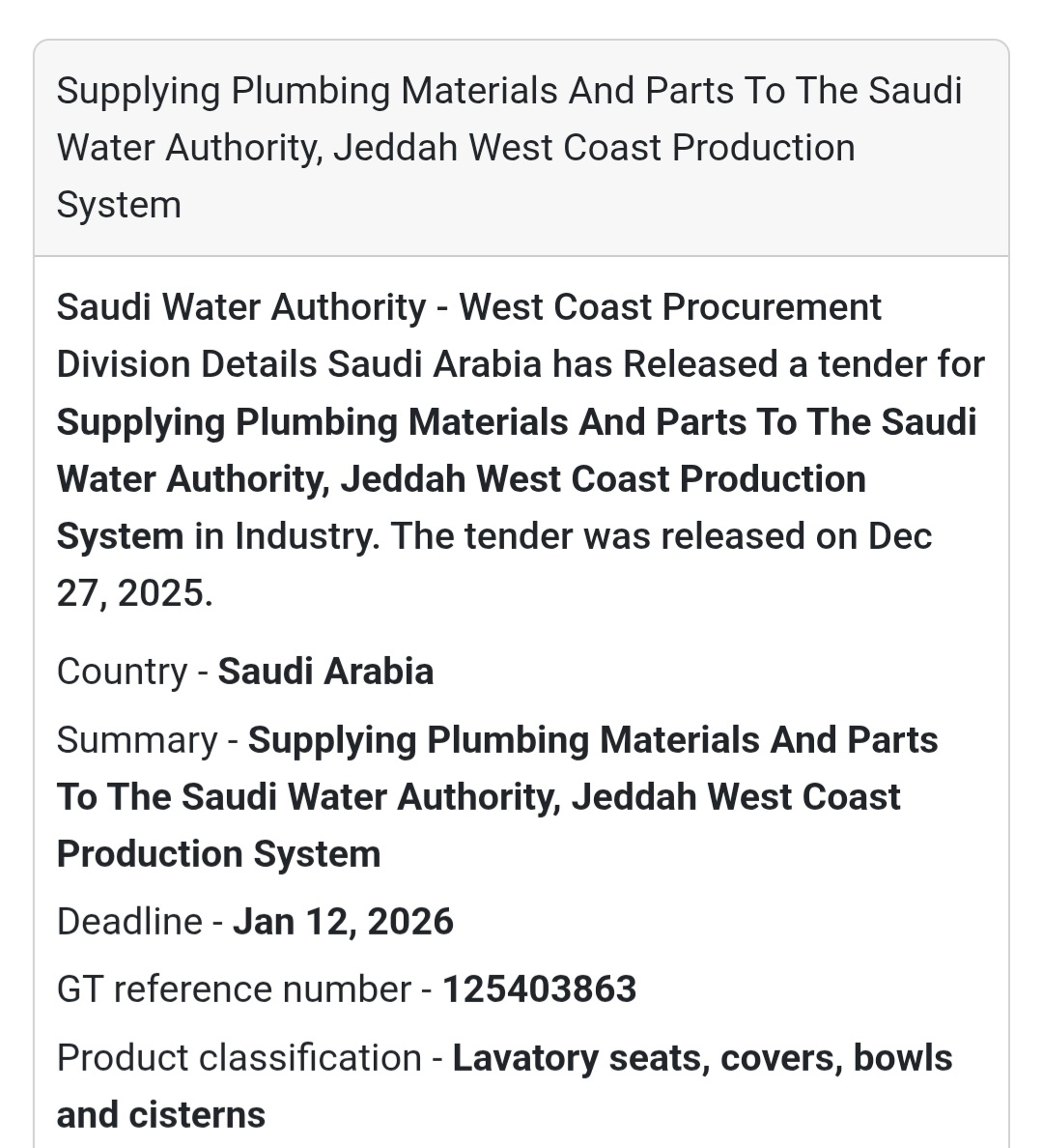 🚰 Plumbing Materials Tender | Saudi Arabia 🇸🇦