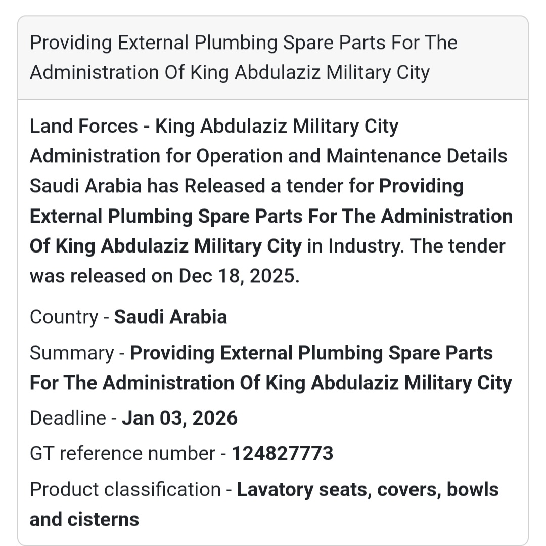 🔔 Plumbing Spare Parts Tender | Saudi Arabia 🇸🇦