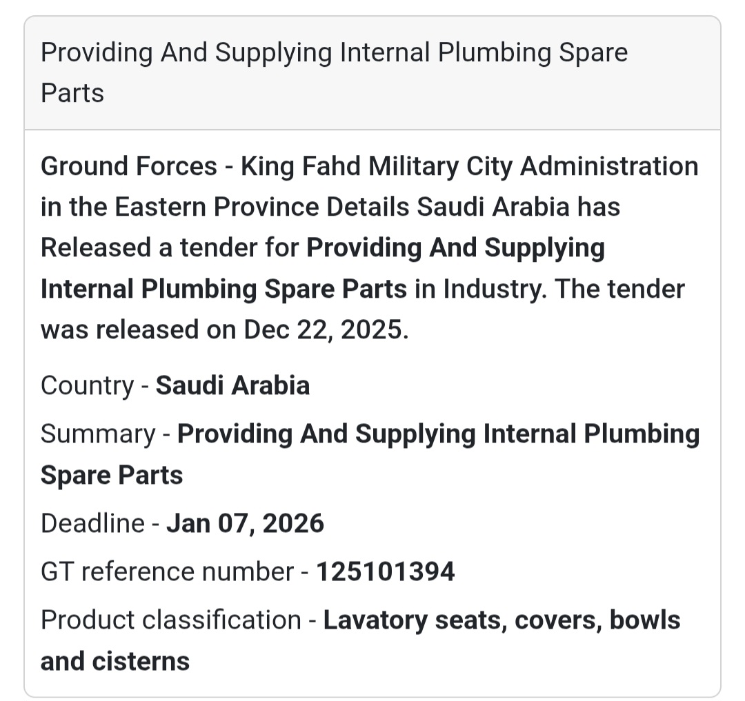 🚰 Plumbing Supplies Tender – Saudi Arabia 🇸🇦