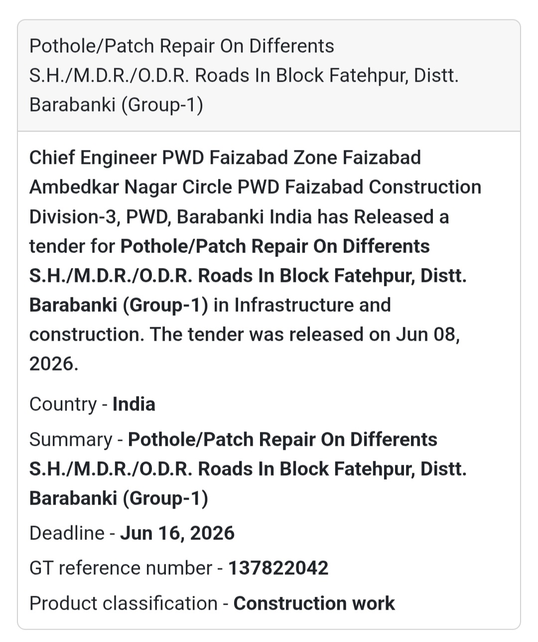 🚧 Pothole & Patch Repair Tender (Group-1) | Barabanki 📍Uttar Pradesh