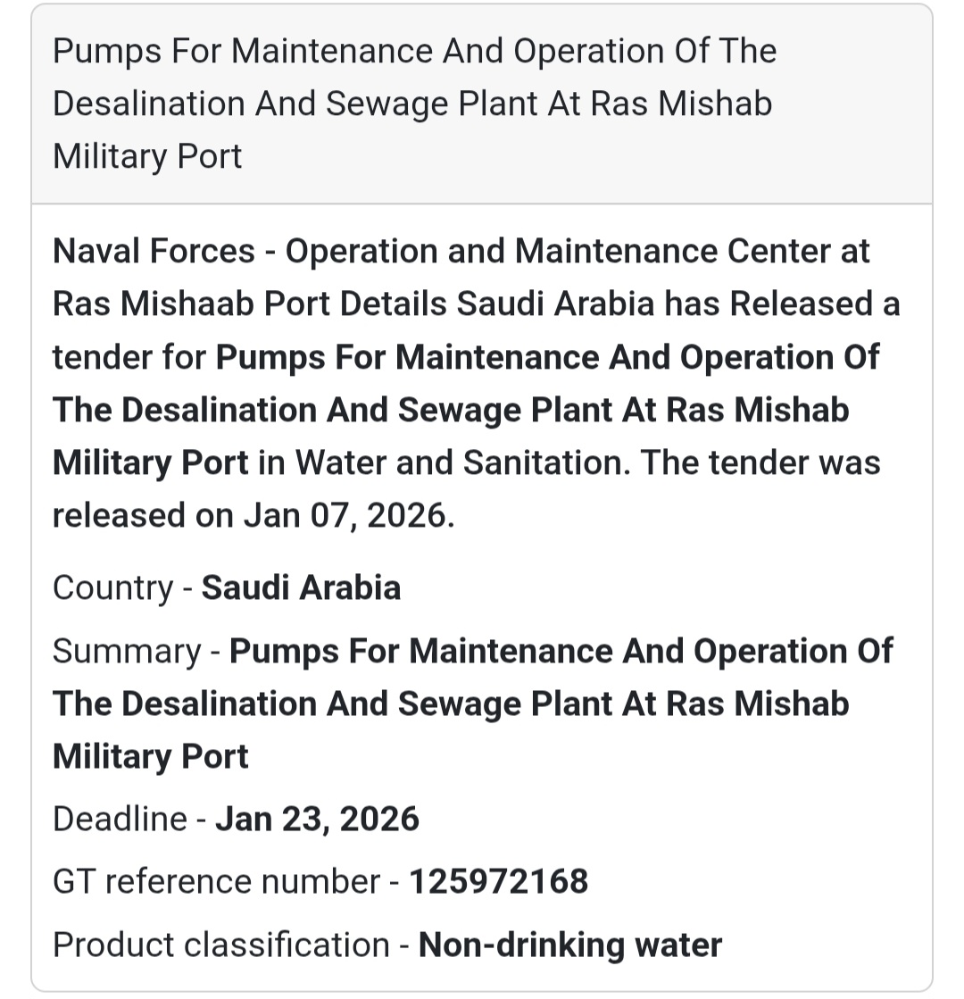 💧 Pumps for Desalination & Sewage Plant – Military Port 🇸🇦