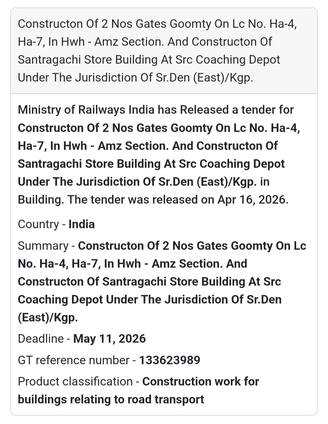 🚧 Railway Construction Tender | India 🇮🇳