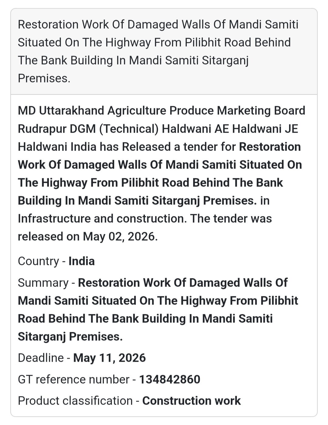 🧱 Restoration Work (Mandi Samiti Sitarganj)