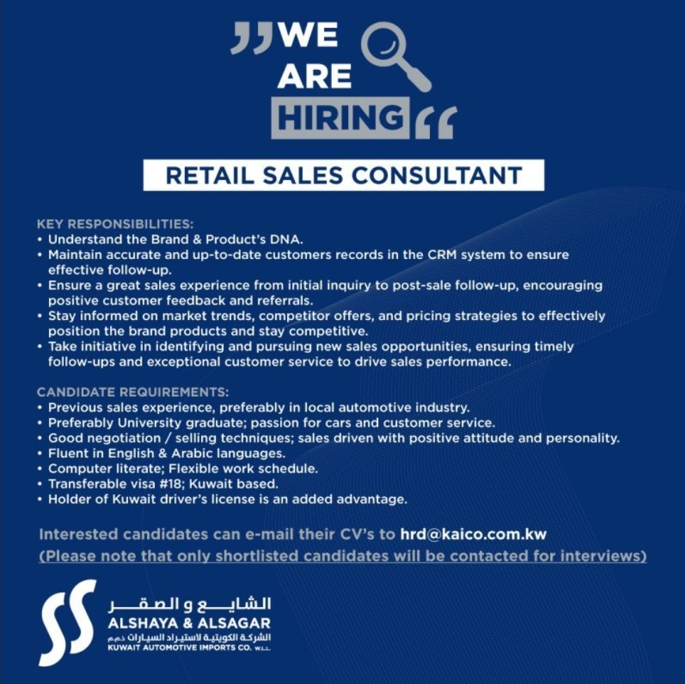 🚗 Retail Sales Consultant – Kuwait Automotive Imports Co.