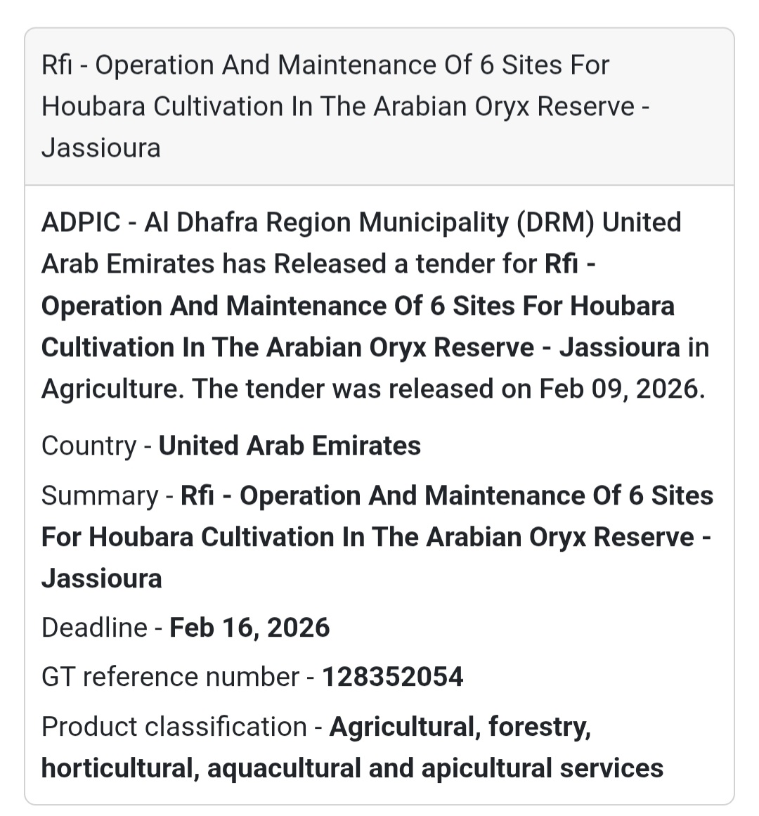 🌱 RFI – Operation & Maintenance (Houbara Cultivation)