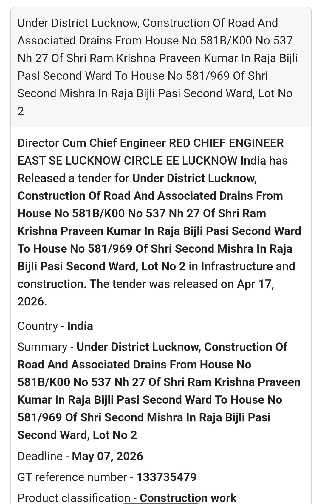 🛣️ Road & Drain Work – Lucknow (Lot 2)