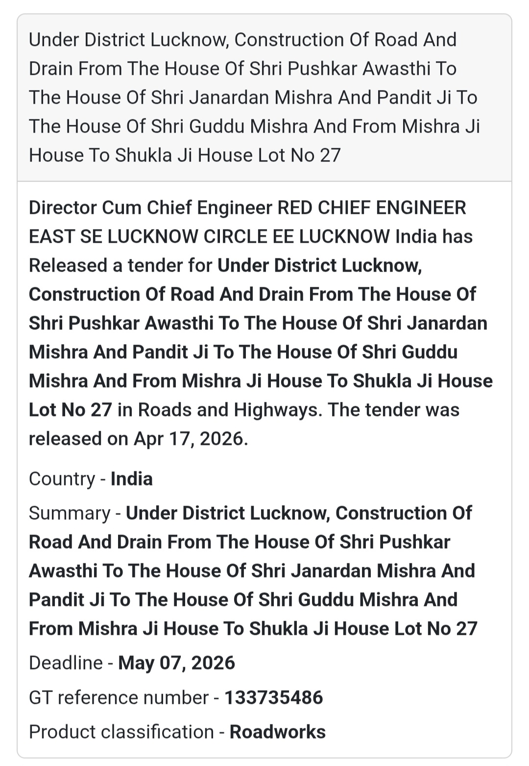 🛣️ Road & Drain Work – Lucknow (Lot 27)