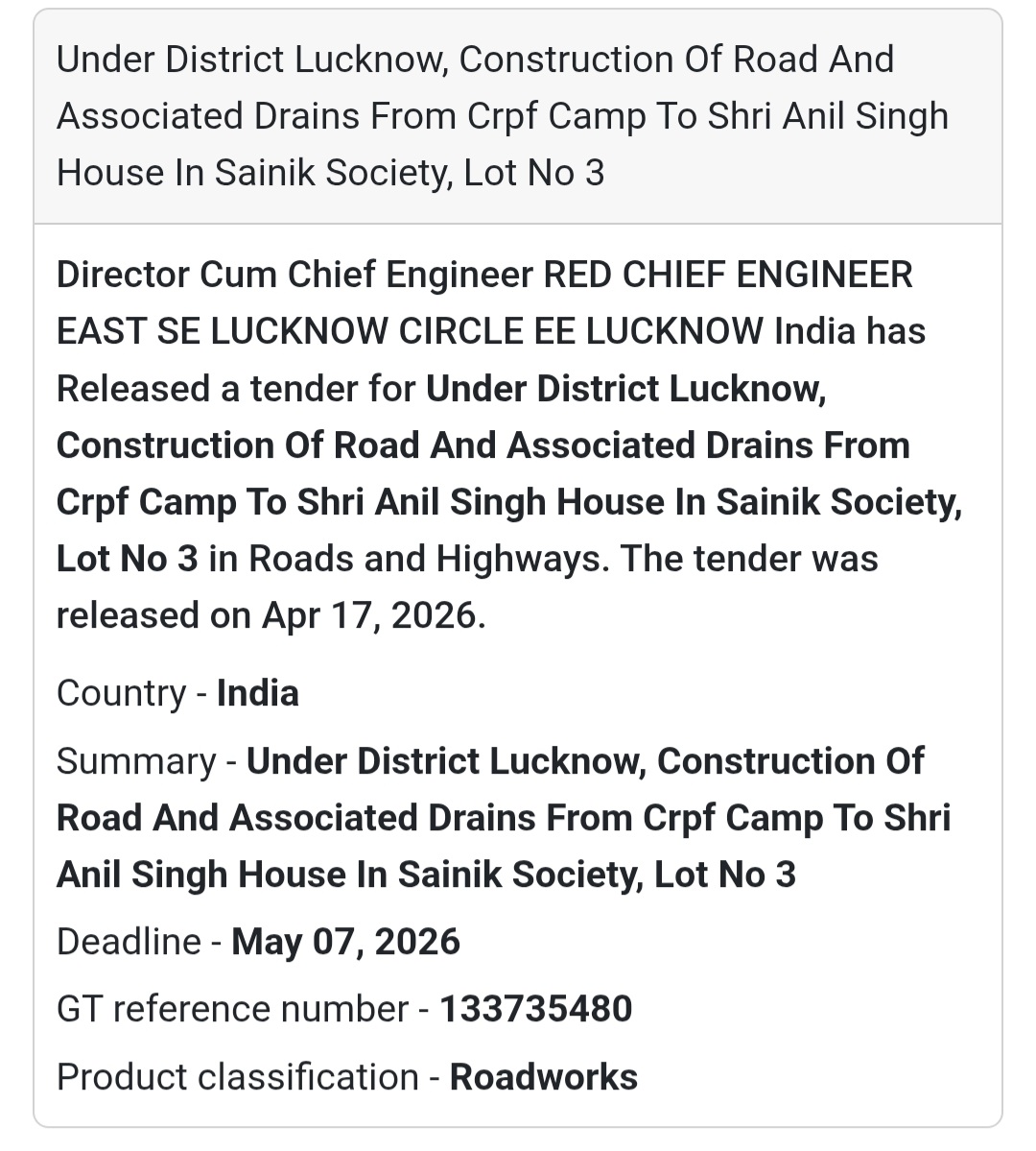 🛣️ Road & Drain Work – Lucknow (Lot 3)