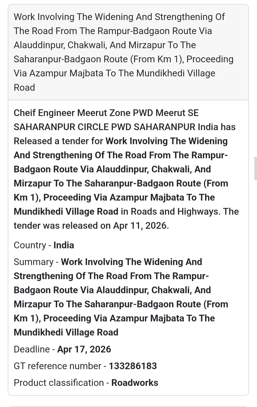 🛤️ ROAD WIDENING & STRENGTHENING – SAHARANPUR ROUTE