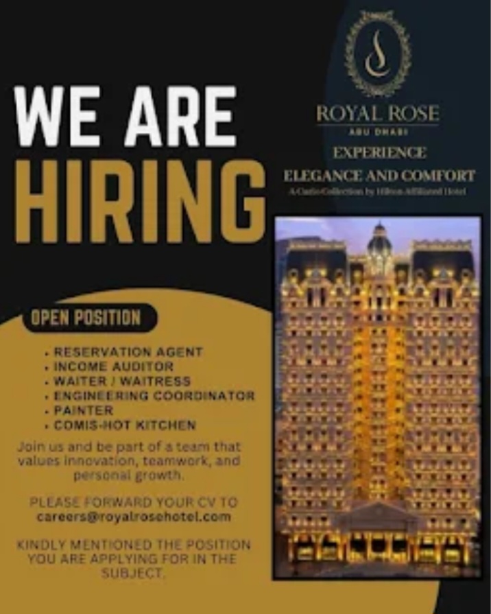 🏨 Royal Rose Hotel – Abu Dhabi | Urgently Hiring! 🇦🇪