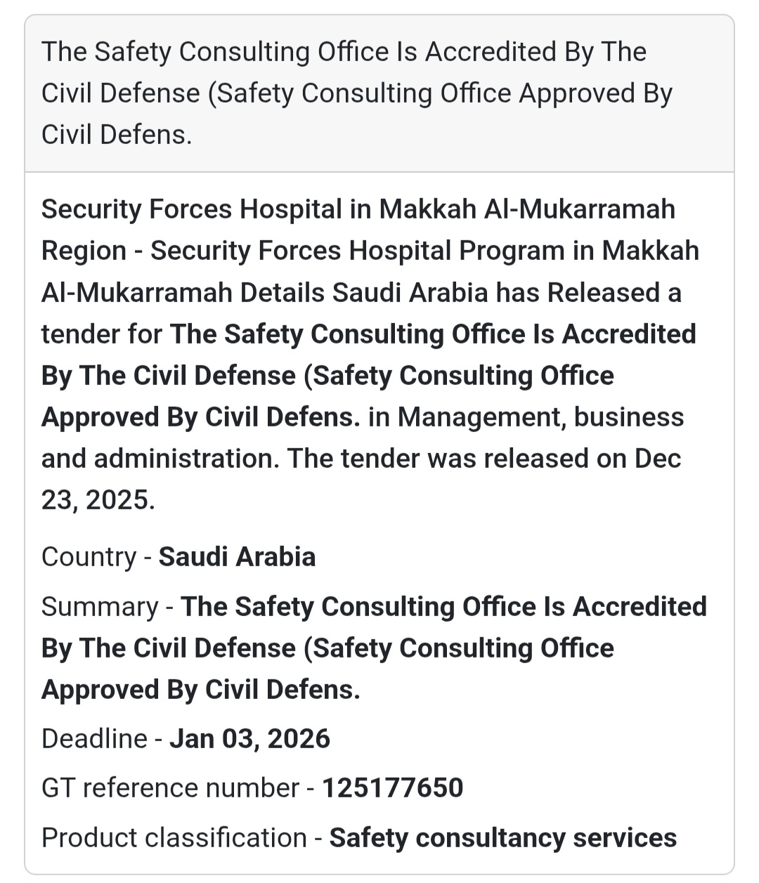 🚨 Safety Consultancy Services Tender – Saudi Arabia 🇸🇦