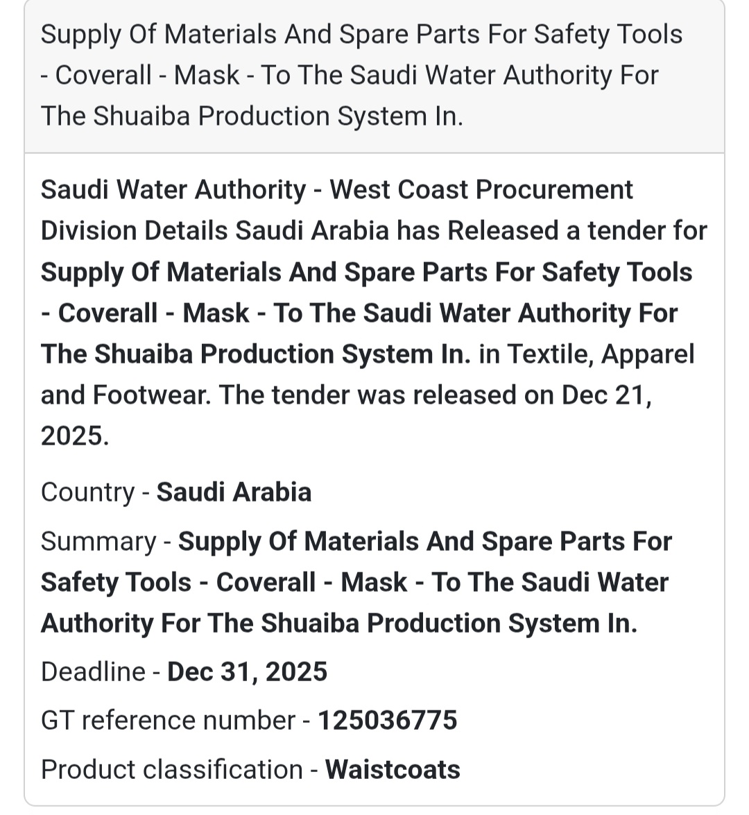 🦺 Safety Gear Supply Tender – Saudi Arabia