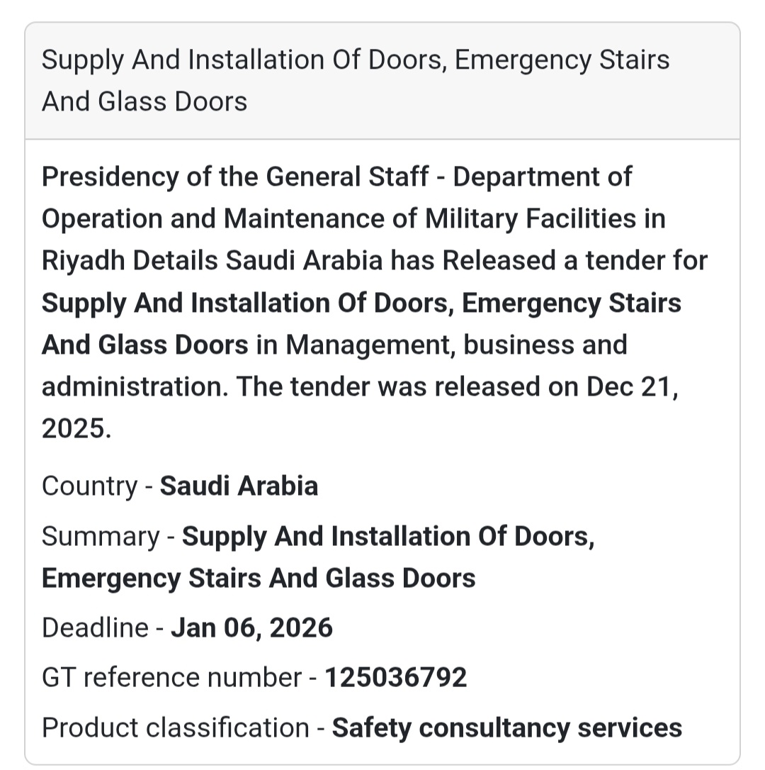 🚪 Safety & Installation Works Tender – Saudi Arabia