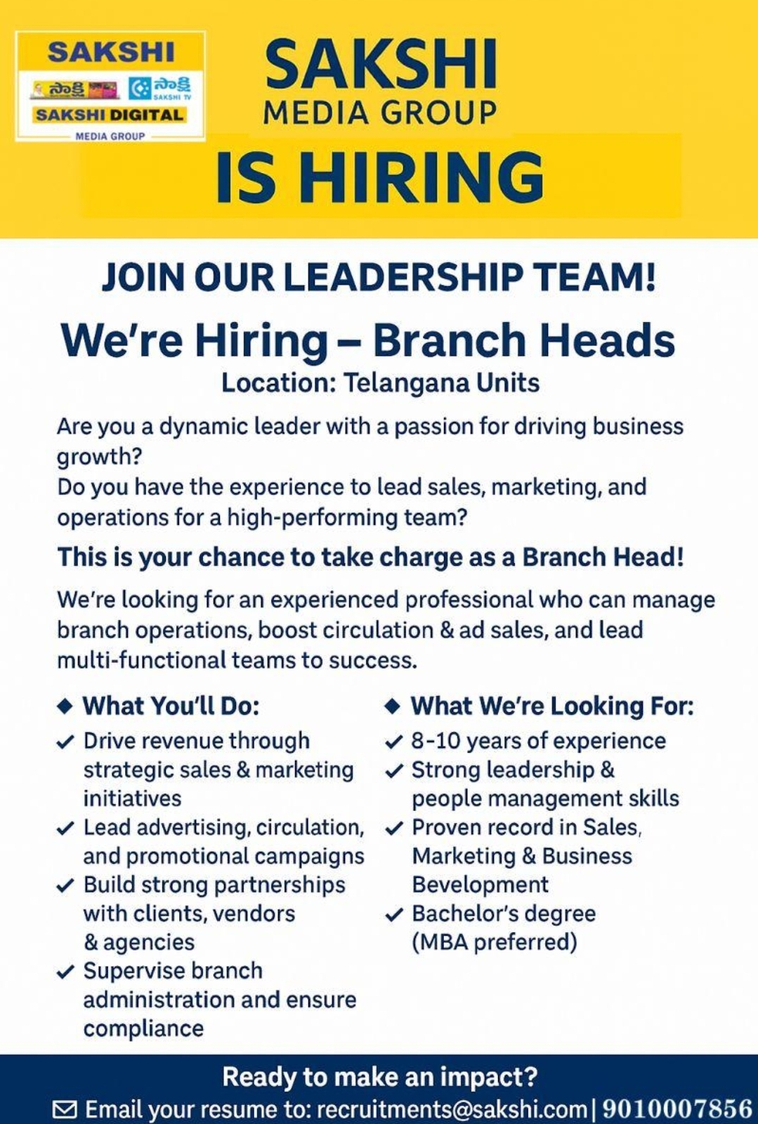 🚀 SAKSHI MEDIA GROUP IS HIRING – BRANCH HEADS!