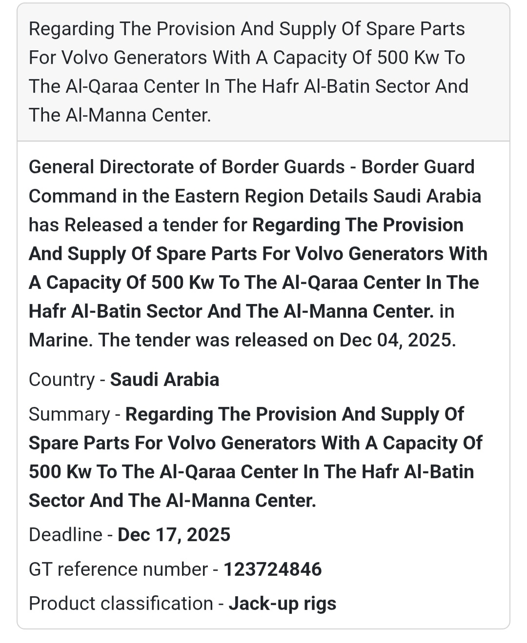 🔧 Saudi Arabia – New Spare Parts Supply Tender