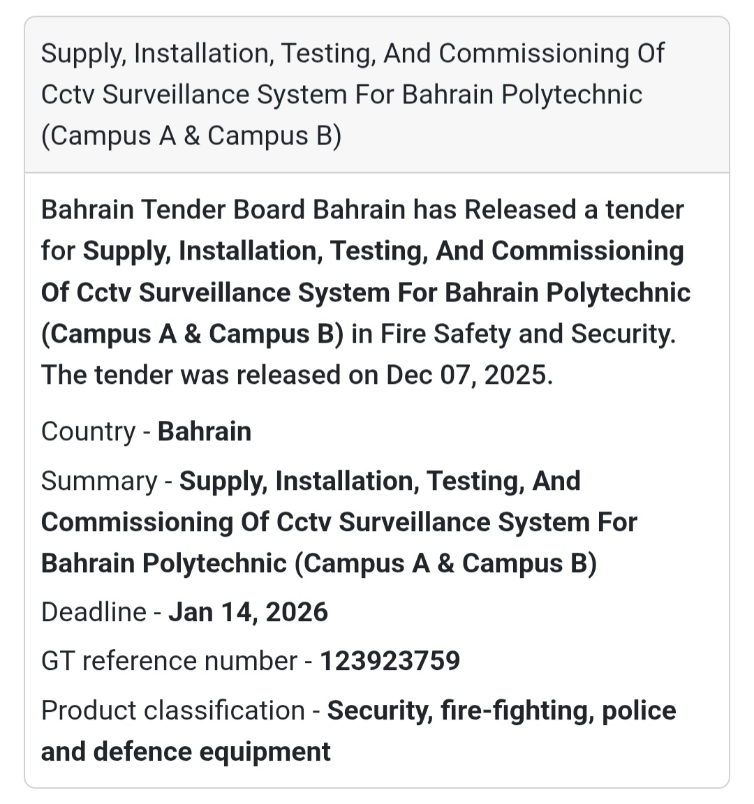 🚨 Security Systems Tender – Bahrain 🇧🇭📹
