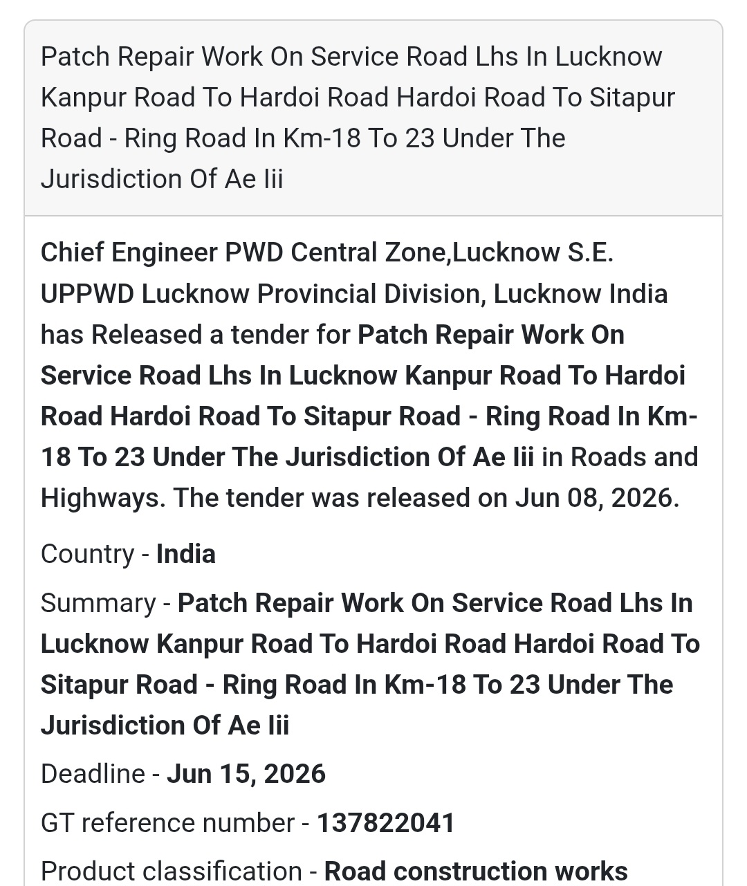 🛣️ Service Road Patch Repair Tender | Lucknow 📍Uttar Pradesh