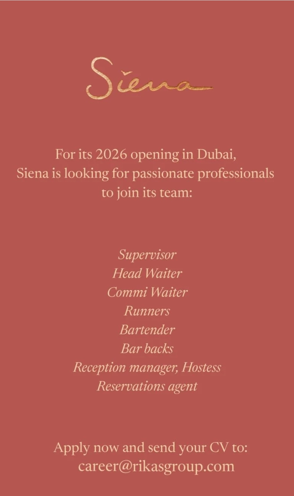 🍷✨ SIENA PARIS IS COMING TO DUBAI – PRE-OPENING HIRING 2026 ✨🍷
