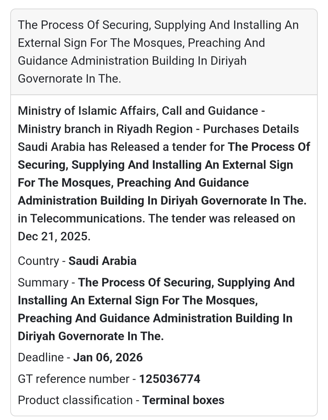 🪧 Signage Installation Tender – Saudi Arabia