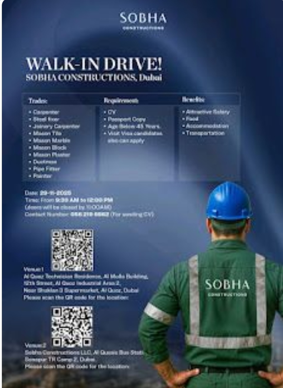 🏗️ Sobha Constructions Dubai – Walk-In Drive for Skilled Workers! 🔧